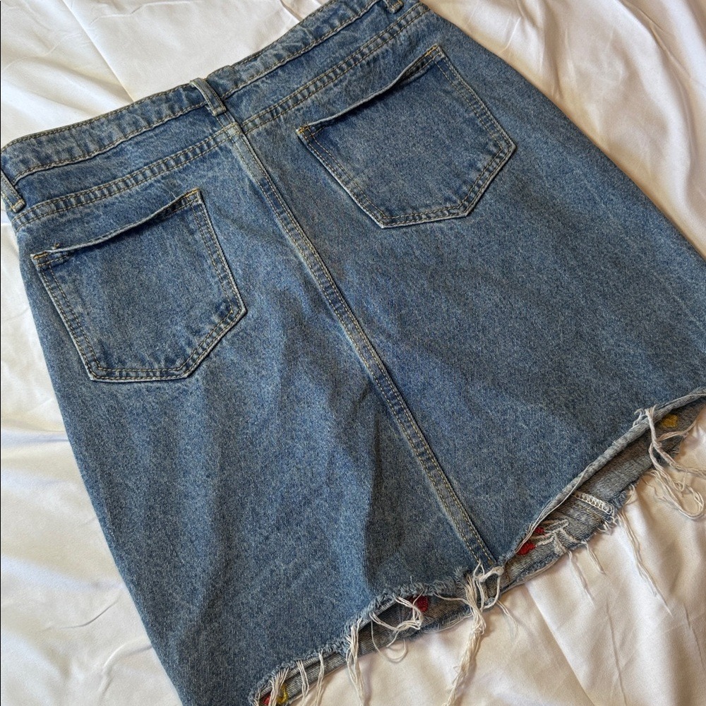 Embroidered Floral Denim Skirt - Blue with Pink Accents - Picture 4 of 4